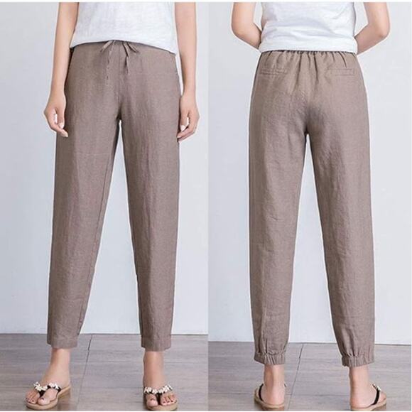 Iximo Womens Beachy Lounge Lagenlook Tapered Leg 100% Linen Pants‎ Size S Khaki - Picture 1 of 10
